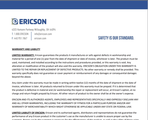Ericson Warranty Image